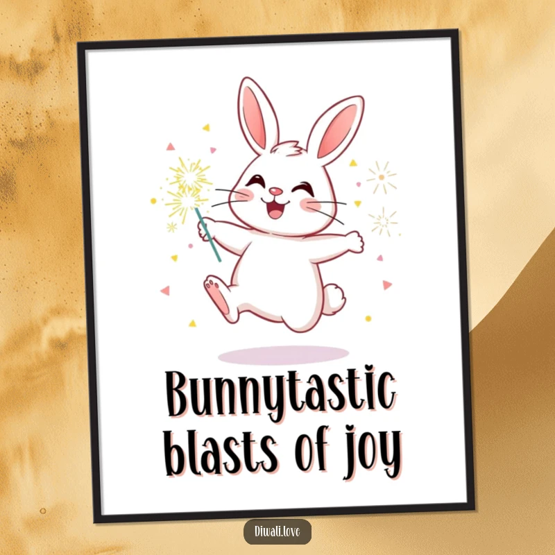 Funny Free Printable Wall Art of a cheerful bunny bouncing excitedly with a handful of colorful, glowing sparklers.