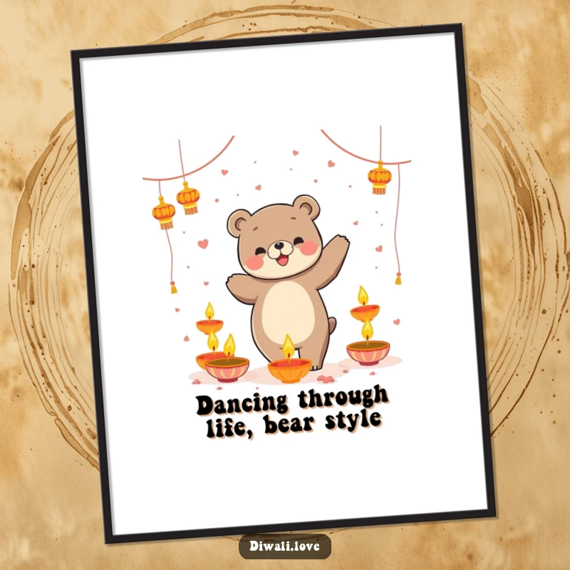 Funny Free Printable Wall Art: Playful bear dancing joyfully amidst floating diyas, creating a warm, festive, and whimsical piece.