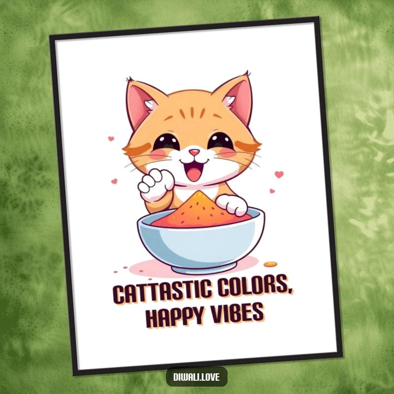 Funny Free Printable Wall Art showing a happy cat playfully dipping its paw into a large bowl of bright, colorful gulal powder.