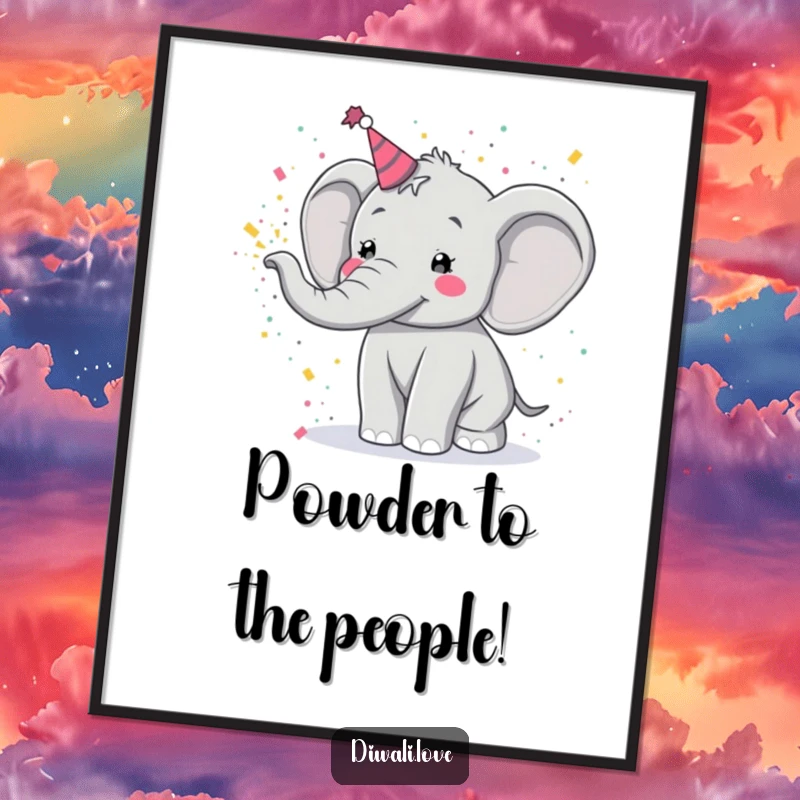 Funny Free Printable Wall Art: Festive elephant joyfully tossing colorful powder, creating a vibrant and energetic piece of downloadable art.