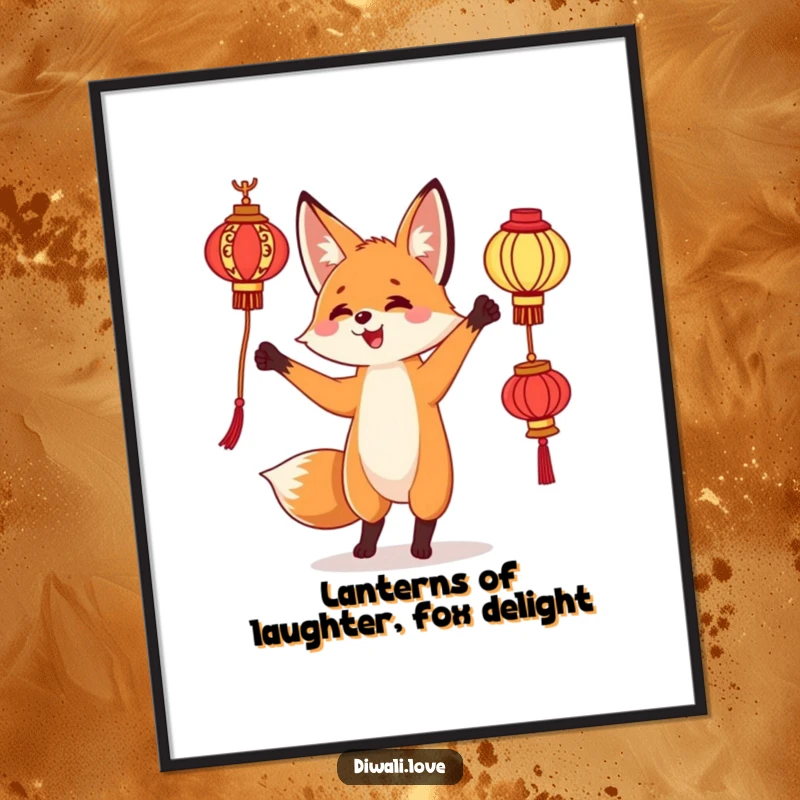 Funny Free Printable Wall Art: Curious fox delightedly juggling ornate lanterns, creating a magical, enchanting, and whimsical piece.