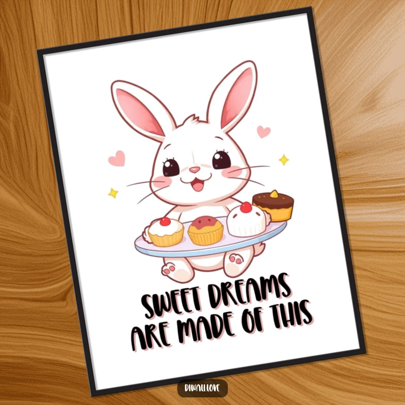 Funny Free Printable Wall Art: Cheerful rabbit offering a plate of tempting sweets, creating a sweet, charming, and delightful scene.