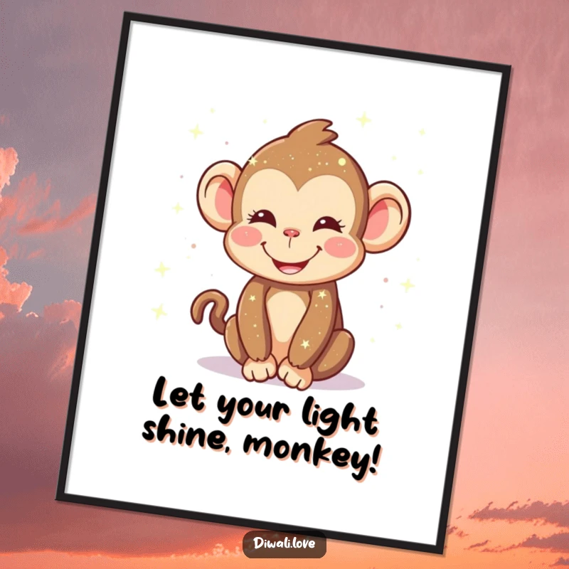 Funny Free Printable Wall Art: Happy monkey smiling, sprinkling magical sparkling lights, creating a whimsical and cheerful atmosphere.