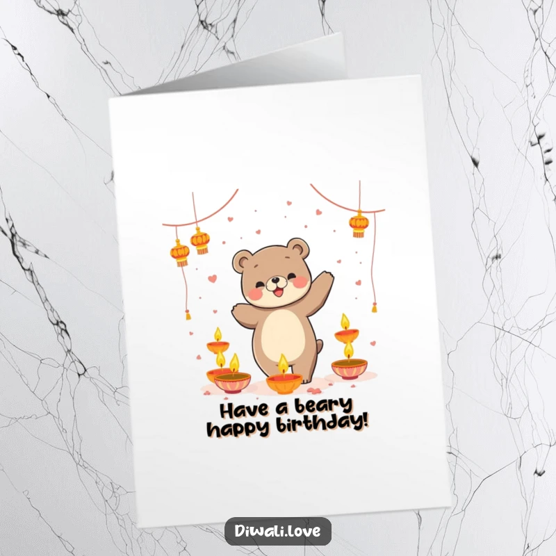Funny Free Printable Birthday Card: Playful bear happily dancing amidst floating diyas, sending warm wishes for a festive celebration.