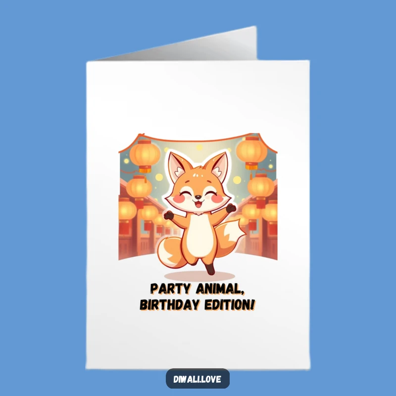 Free Printable Birthday Card: Dancing Fox & Lanterns, Funny Downloadable Gift!