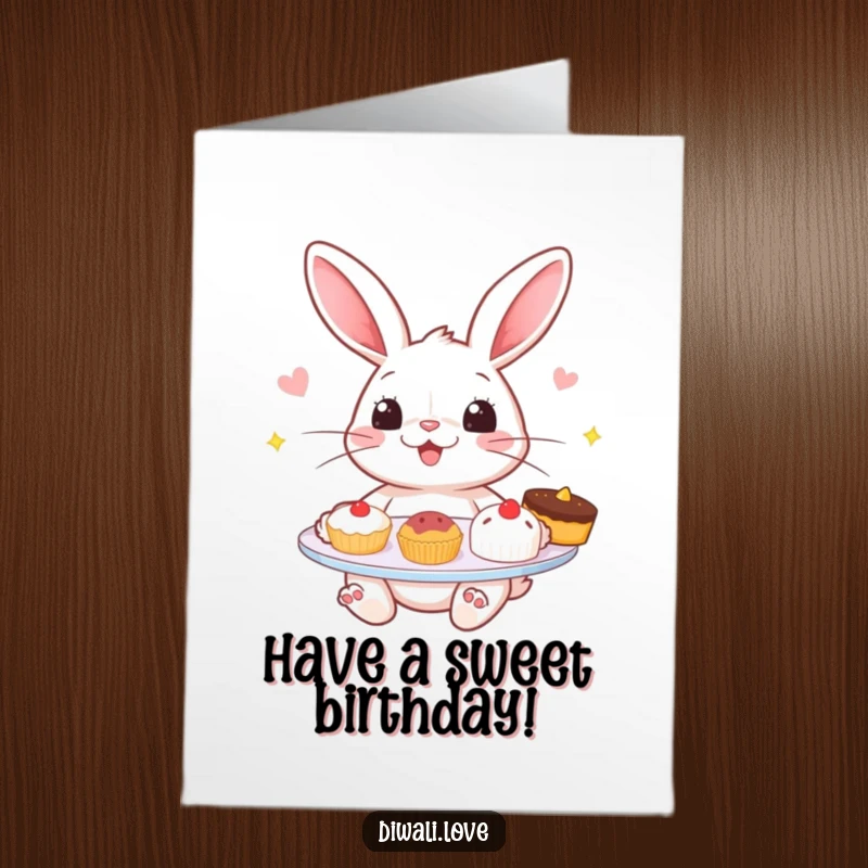 Funny Free Printable Birthday Card: Cheerful rabbit offering a plate of tempting sweets, wishing a happy and delicious birthday.