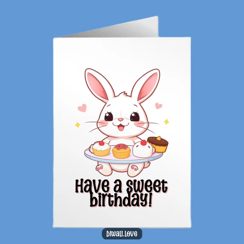 Free Printable Birthday Card: Rabbit with Sweets, Funny Downloadable Gift