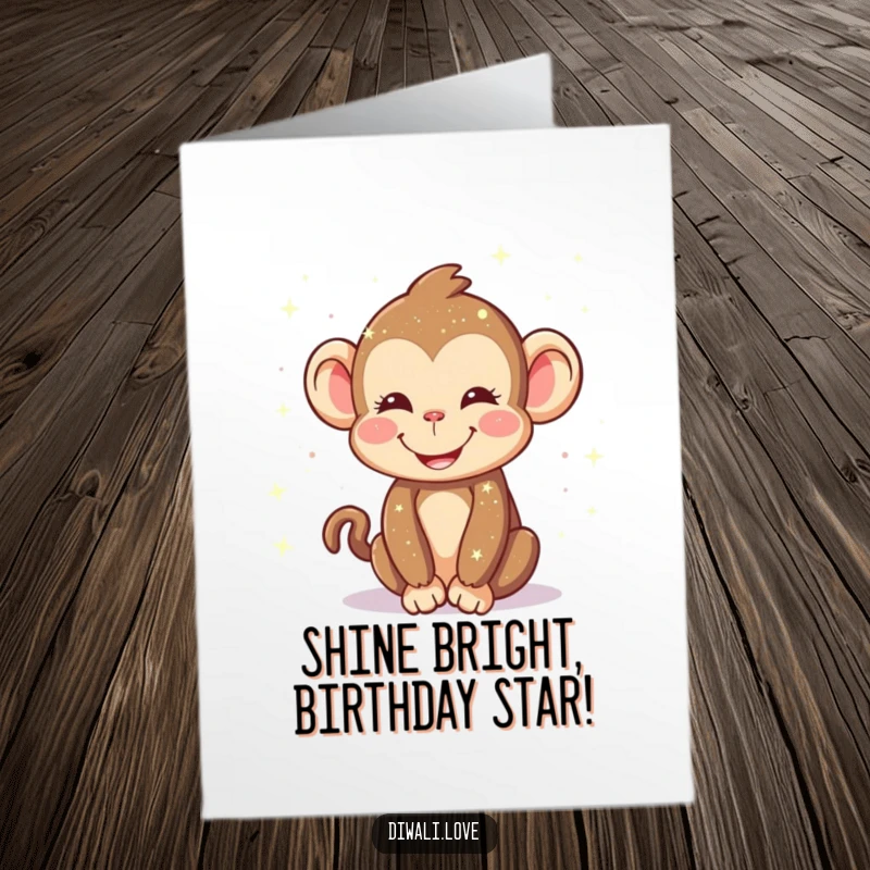 Funny Free Printable Birthday Card: Happy monkey smiling, sprinkling sparkling lights, sending wishes for a bright and joyful birthday.