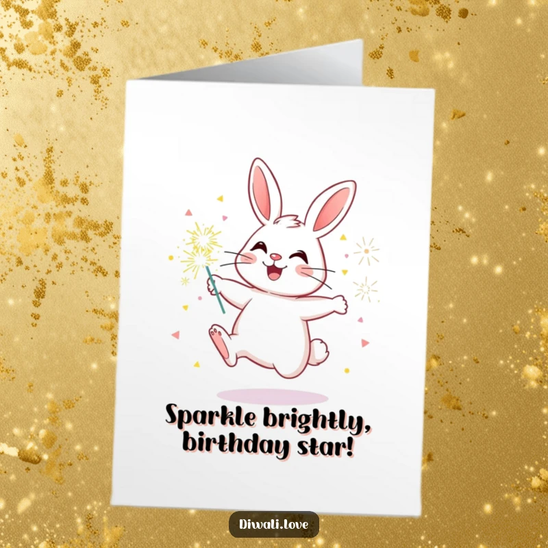 Funny Free Printable Birthday Card featuring a cheerful bunny bouncing with colorful sparklers, ready to celebrate.