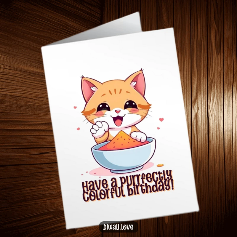 Funny Free Printable Birthday Card showing a happy cat playfully dipping its paw into a bowl of vibrant gulal powder.