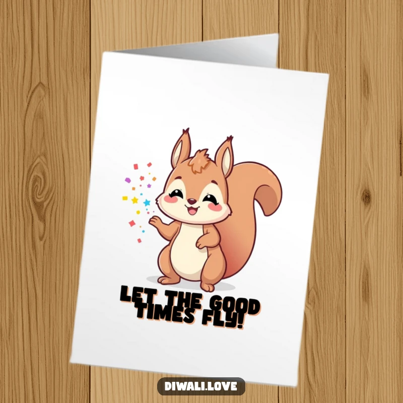 Funny Free Printable Birthday Card: Playful squirrel tossing colorful powder into the air with a huge smile.