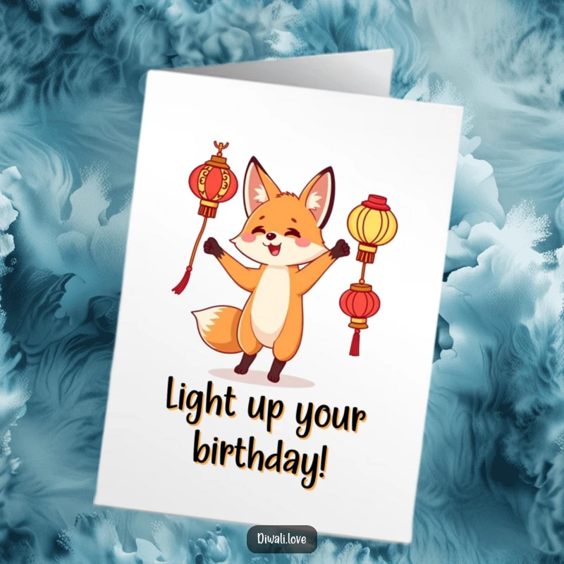 Funny Free Printable Birthday Card: Curious fox delightedly juggling ornate lanterns, sending bright wishes for a happy birthday.