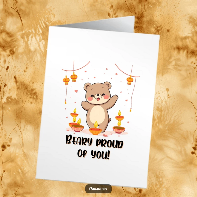 Funny Free Printable Congratulations Card: Playful bear dancing joyfully amidst floating diyas, celebrating success with a warm glow.