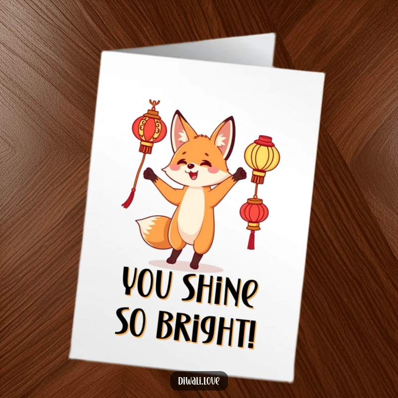 Funny Free Printable Congratulations Card: Curious fox delightedly juggling ornate lanterns, celebrating achievement with a radiant glow.