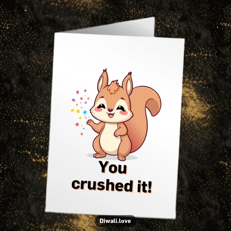 Funny Free Printable Congrats Card: Playful squirrel tossing colorful powder into the air with a huge smile.