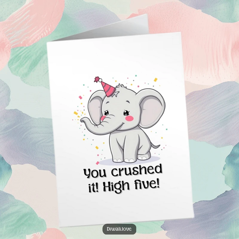Funny Free Printable Congratulations Card: Elephant joyfully tossing colorful powder, celebrating a momentous achievement with vibrant energy.