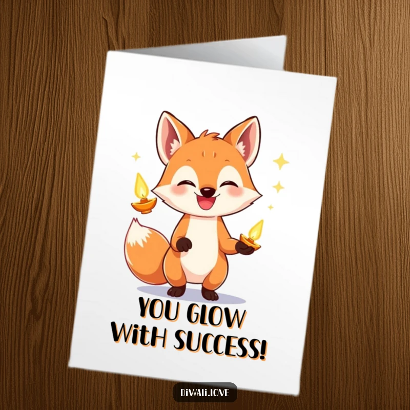 Funny Free Printable Congratulations Card showing a playful fox with a wide grin, juggling luminous diyas.