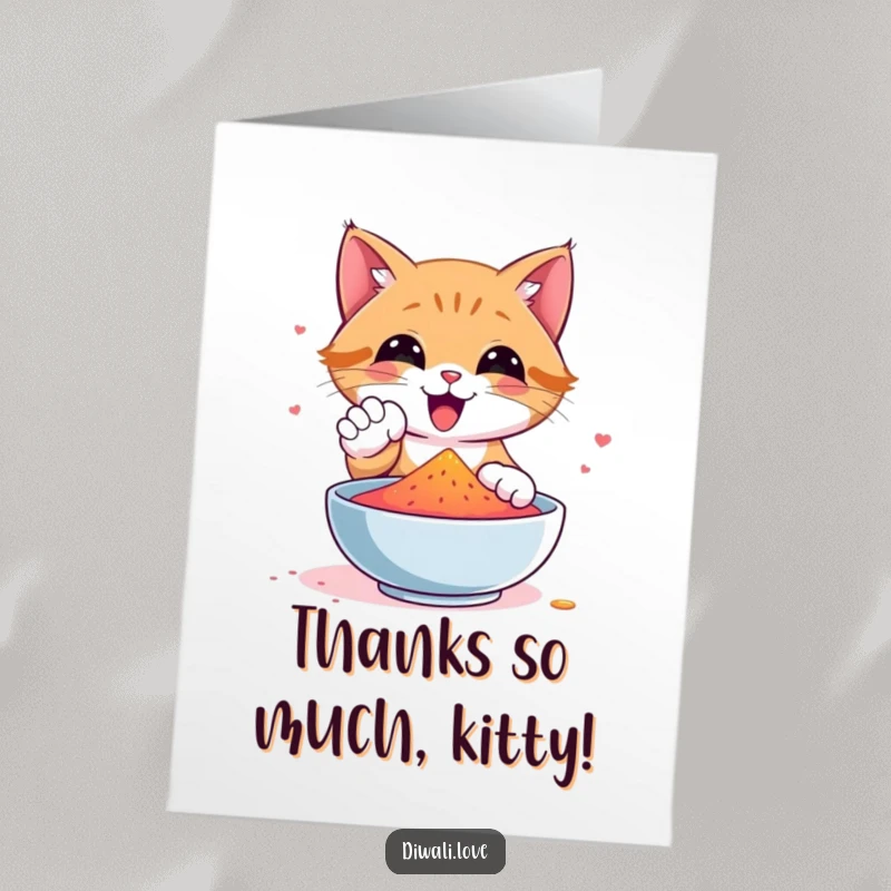 Funny Free Printable Thank You Card of a happy cat playfully touching a bowl filled with bright gulal powder.