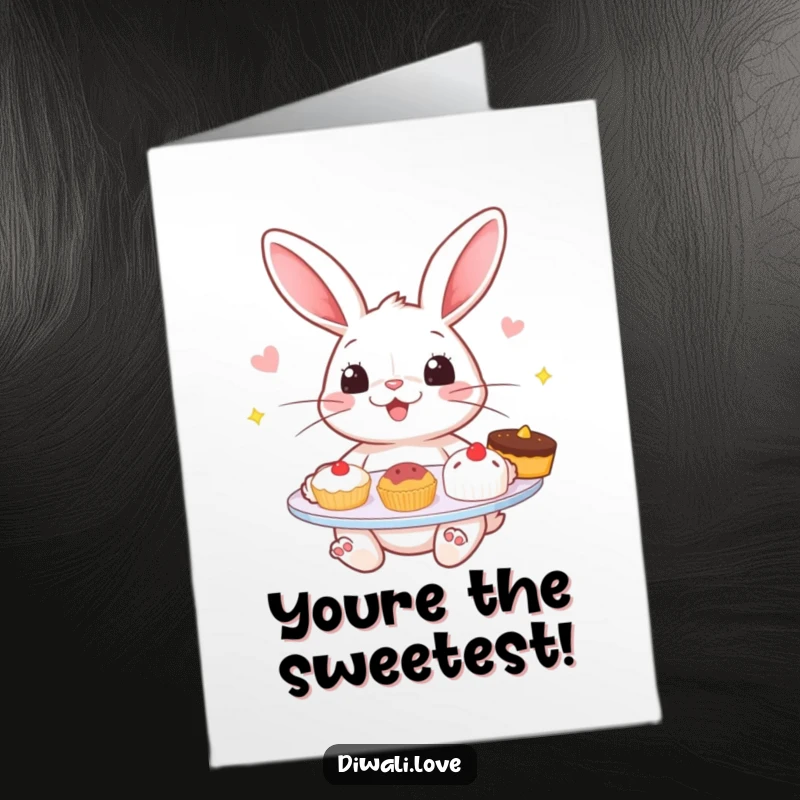 Funny Free Printable Thank You Card: Cheerful rabbit offering a plate of tempting sweets, a sweet and delightful way to say thank you.