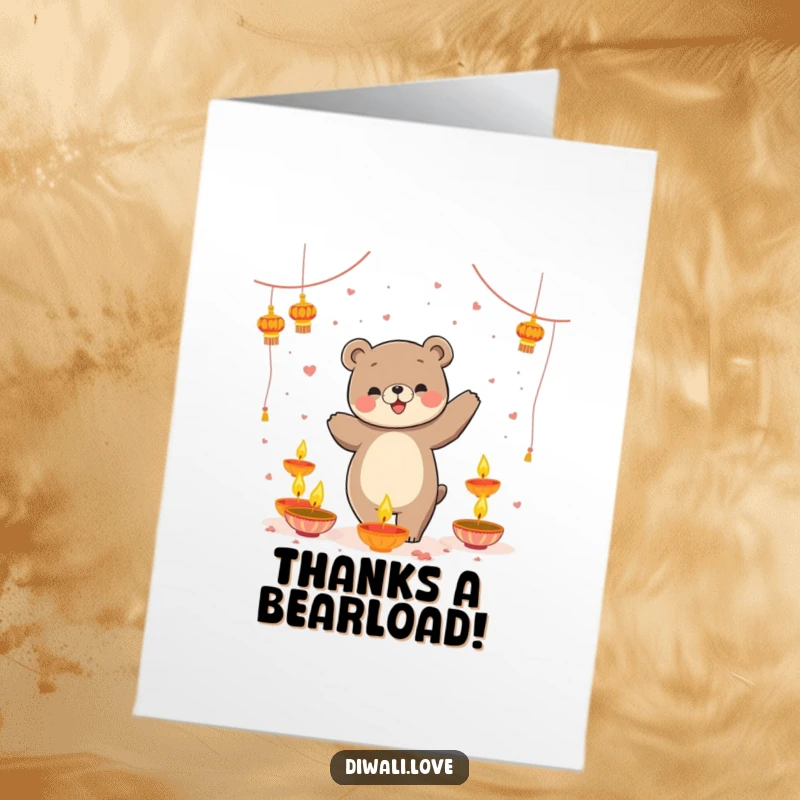 Funny Free Printable Thank You Card: Playful bear dancing amidst floating diyas, a warm and whimsical way to say thank you.
