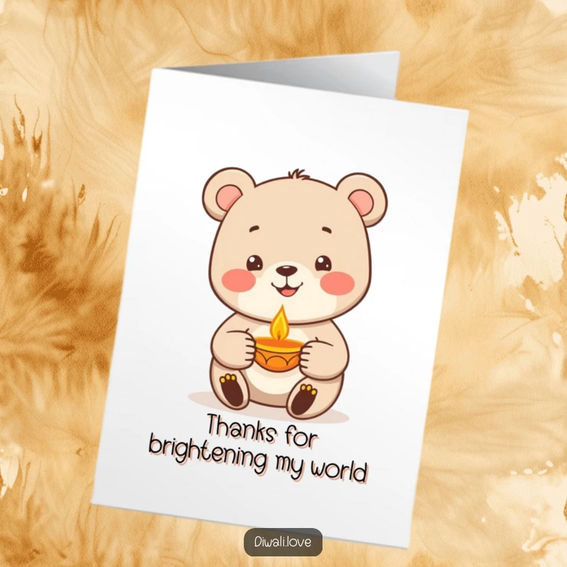 Funny Free Printable Thank You Card: A cheerful bear holds a softly lit diya, expressing warm gratitude.