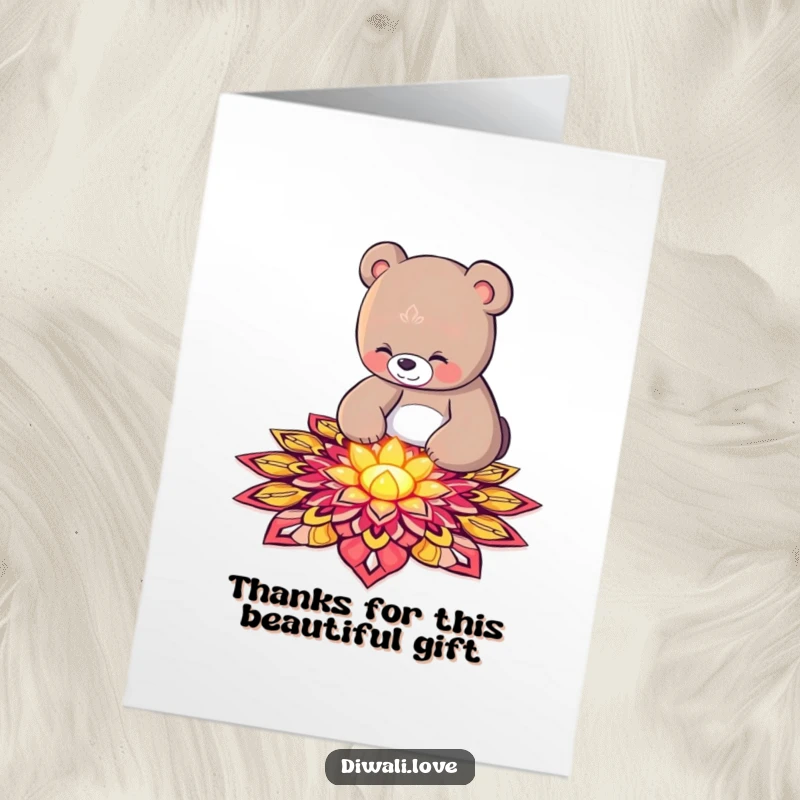 Funny Free Printable Thank You Card featuring a curious bear adding glowing petals to an ornate rangoli design.