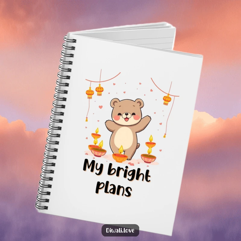 Funny notebook: A playful bear dancing amidst floating diyas, perfect for journaling festive thoughts.