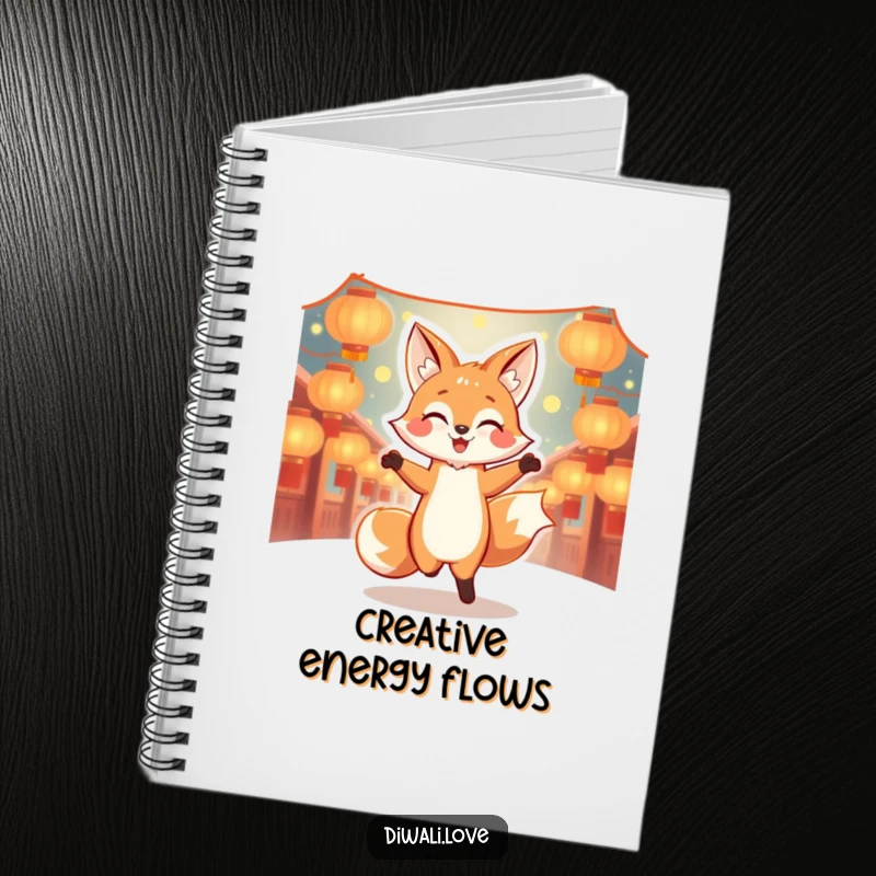 Funny dancing fox notebook with glowing lanterns, perfect for joyful and humorous note-taking.