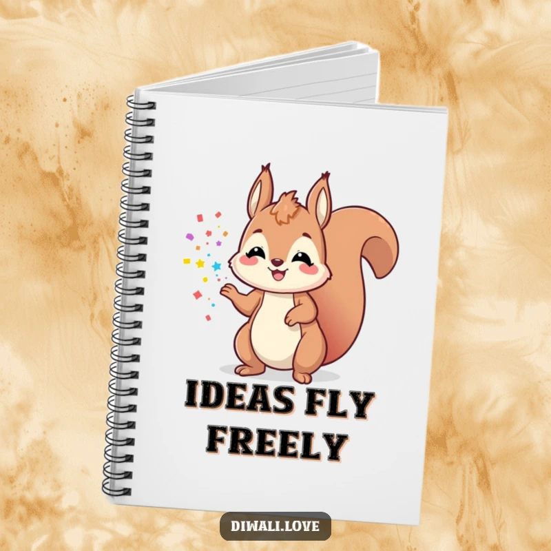 Funny playful squirrel notebook tossing colorful powder, perfect for joyful and humorous note-taking.