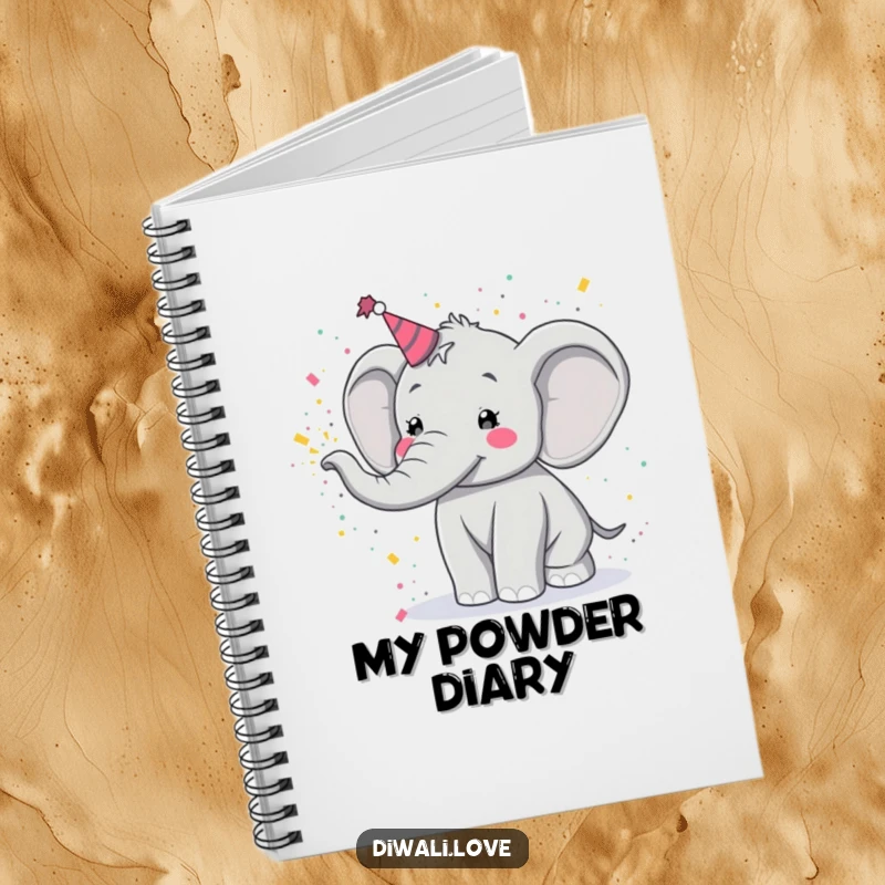 Funny notebook: A festive elephant joyfully tossing colorful powder, ideal for notes and creative brainstorming.