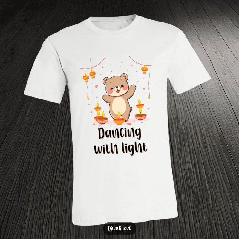 Funny T-Shirt: A playful bear in a lively dance surrounded by warm, floating diyas, embodying festive cheer.