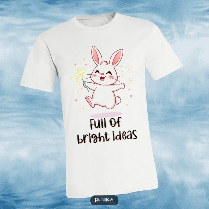 Funny bunny t-shirt featuring a cheerful rabbit energetically bouncing with a cascade of bright, colorful sparklers, celebrating fun.