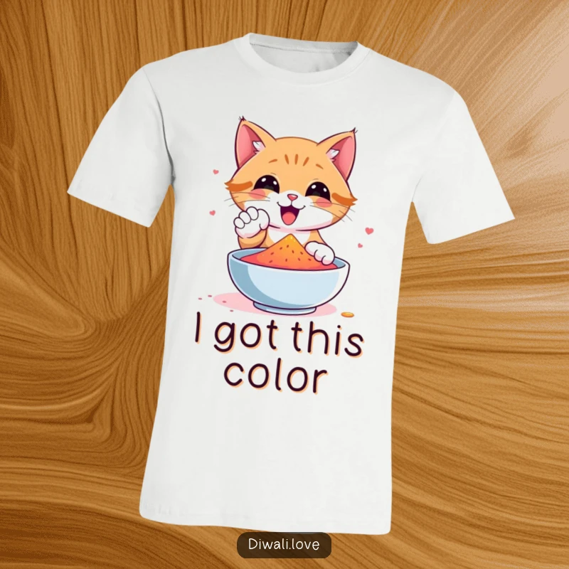Funny cat t-shirt illustrating a happy cat playfully touching a bowl of bright, powdered gulal with its paw.