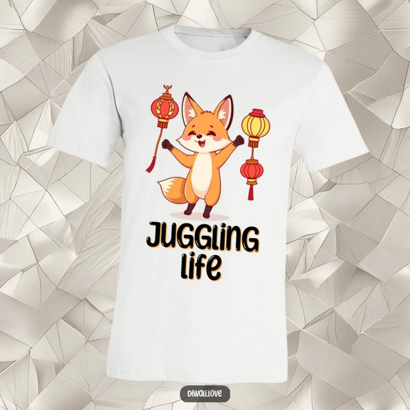 Funny T-Shirt: A curious fox playfully juggling ornate lanterns, radiating with joy and enchantment.