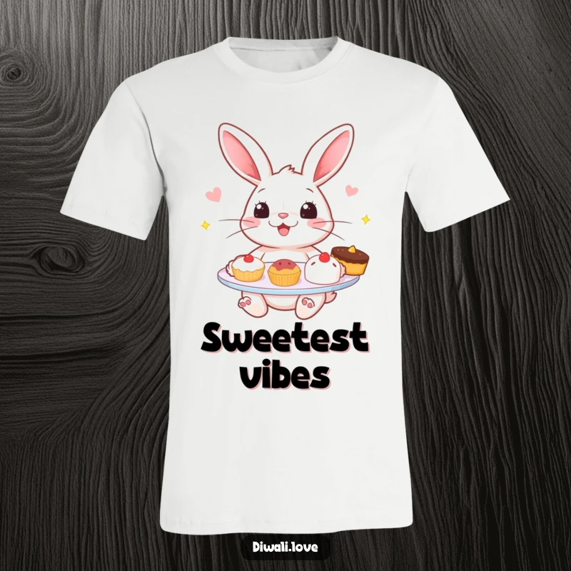 Funny T-Shirt: A cheerful rabbit happily offering a plate piled high with delectable, tempting sweets.