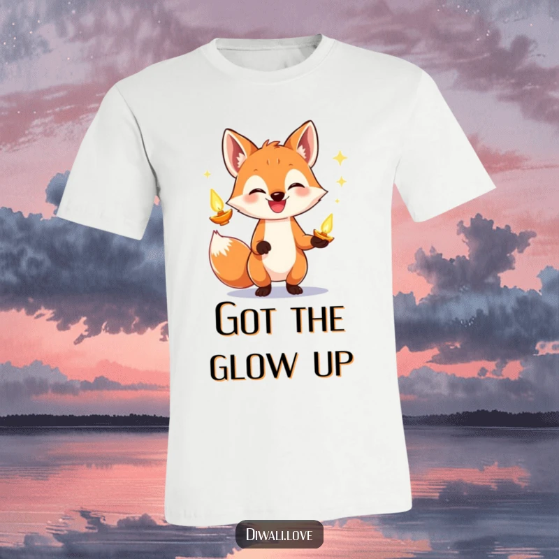 Funny fox t-shirt illustrating a happy fox with a wide smile, juggling luminous diyas with impressive skill.