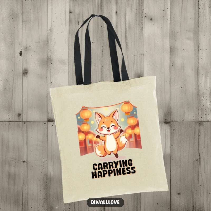 Funny dancing fox tote bag illuminated by lanterns, perfect for stylish and humorous everyday use.