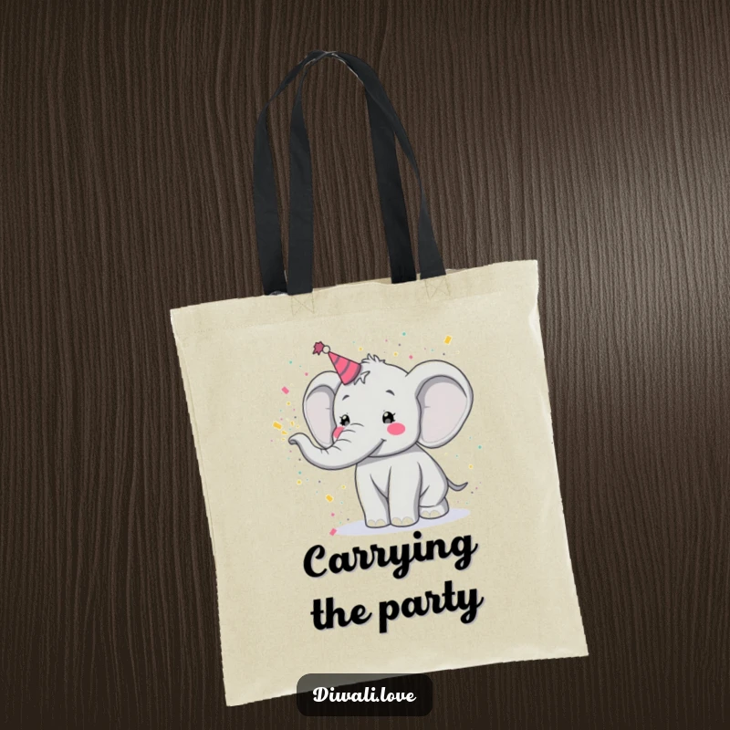 Funny tote bag: A festive elephant joyfully tossing colorful powder, a practical and humorous accessory.
