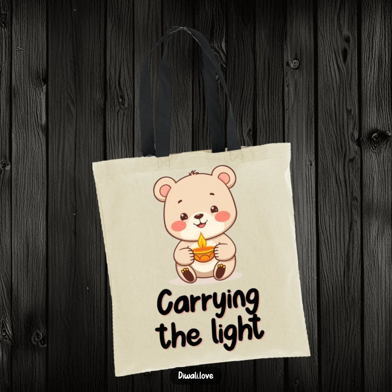 Funny bear character holding a warm diya lamp, a cute and humorous tote bag for carrying essentials, excellent gift.