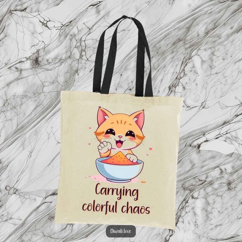 Funny cat tote bag depicting a happy cat's paw dipping into a colorful bowl of gulal powder, perfect for daily use.