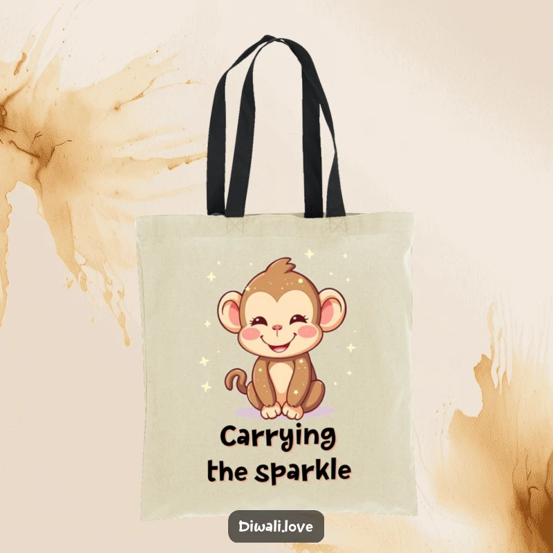 Funny tote bag: A happy monkey sprinkling sparkling lights with a smile, a practical and joyful accessory.